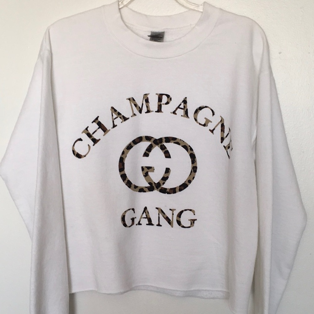 White Long Sleeve Cropped Sweatshirt with Leopard Print Logo size S/P/CH 106